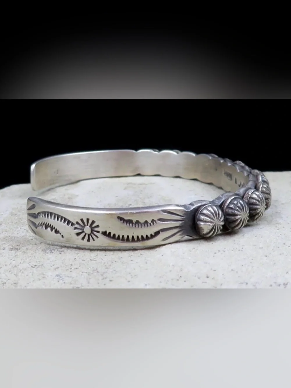 Navajo Martha Cayatenito Narrow Sterling Silver Starburst Button Cuff Bracelet - Picture 3 of 5